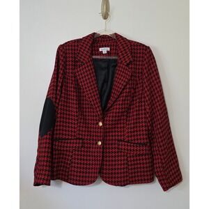 Joan Rivers Houndstooth Blazer Red Black Elbow Patch Work Mature Preppy Academia